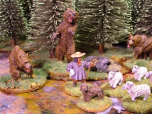 A close-up of those woods, sheep, bears, shepherd and his dog